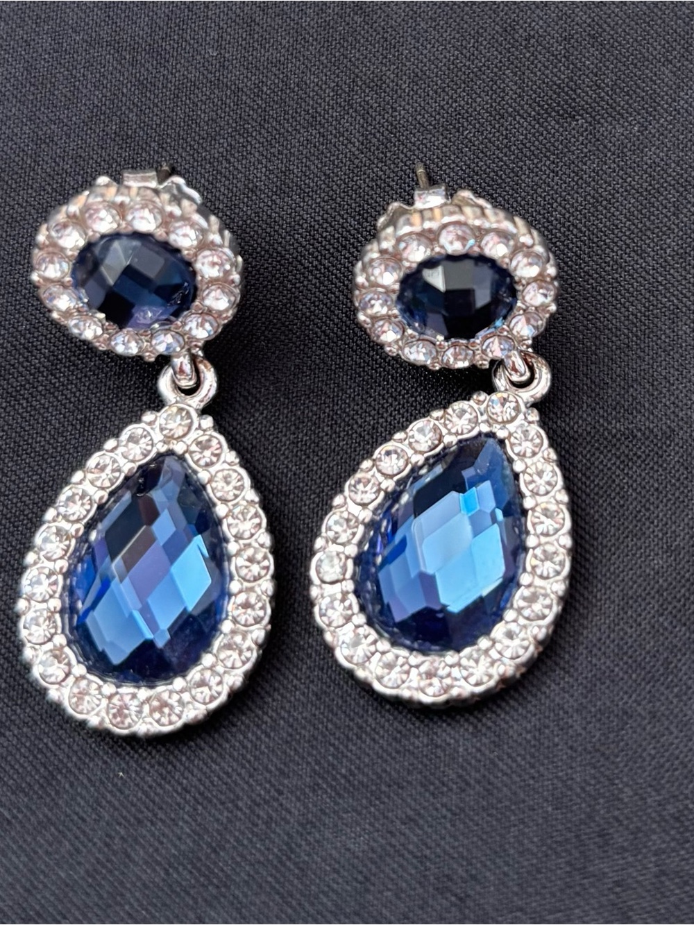 Silver-Tone Blue Teardrop Crystal Drop Earrings - Women Jewelry